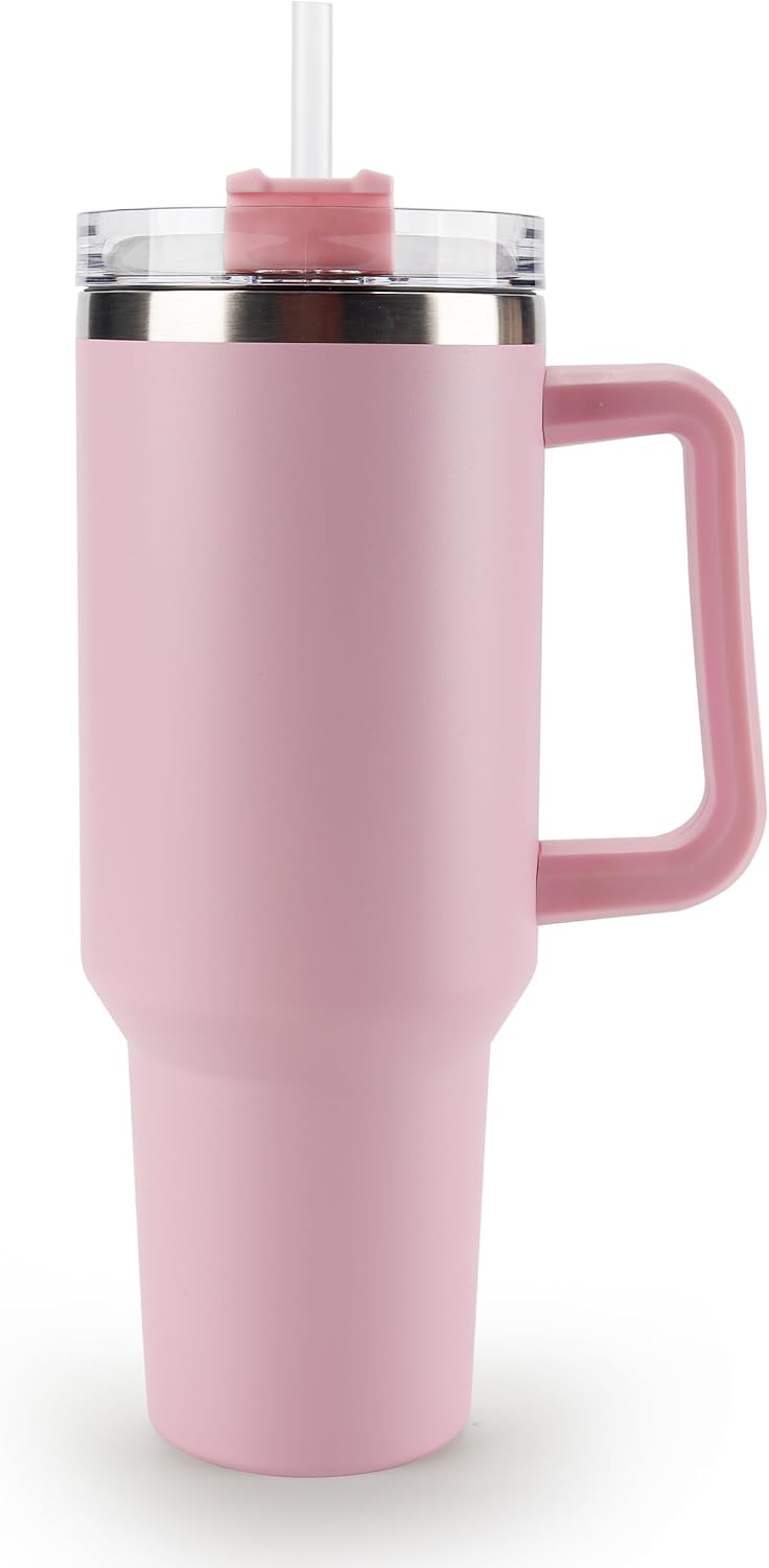 40 oz Tumbler with Handle and Straw Spill Proof Large Travel Coffee Mug Insulated Reusable Stainless Steel Cup with Lid Fit for Car Cup Holder(Light Pink)