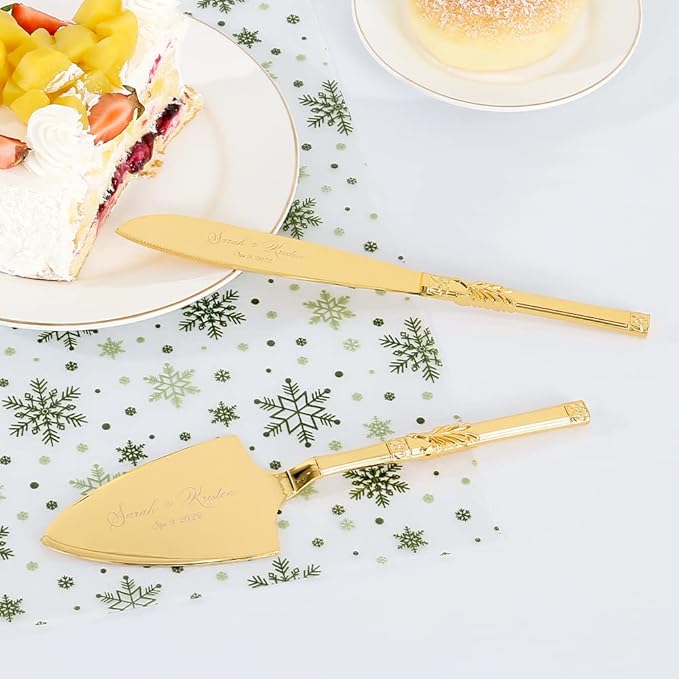 TUKDAK Cake Cutting Set for Wedding, Personalized Gold Cake Knife and Server Set, Custom Cake Serving Set, Engraved Pastry Pie Server Cake Pizza Cutter, Birthday Bridal Gift (CUS-Classic)