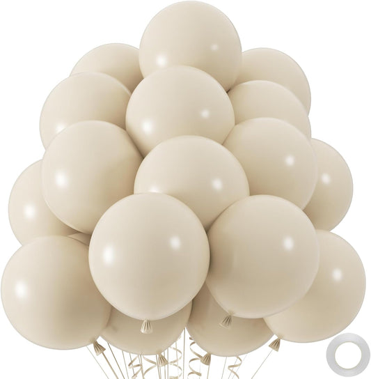 50pcs Sand White Balloons, 12inch White Sand Party Latex Balloon, Helium Ivory Balloons for Birthday Wedding Baby Shower Gender Reveal Party Decoration (with Ribbon & Glue)