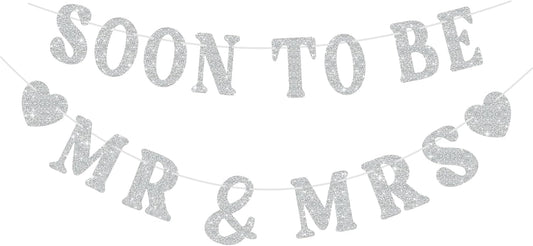 Soon To Be Mr & Mrs Banner for Bridal Shower Decorations, Pre-Strung Silvery Glitter Engagement Banner, Wedding Decorations for Home Party Mantle Hanging Sign Couples Shower Decorations
