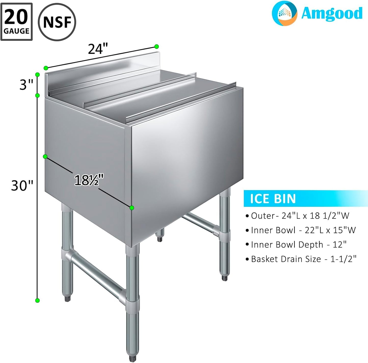 AmGood 18.5" x 24" x 33" Stainless Steel Ice Chest with Sliding Lid | Large Ice Bin | NSF