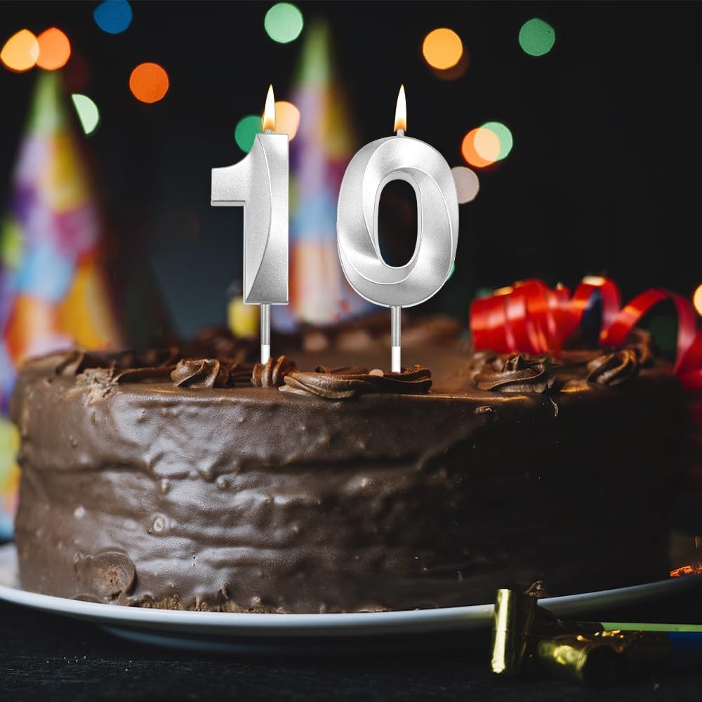 10 Birthday Candle Number 10 Candle Silver Number Candles for 10 Birthday Decorations for Girls 10th Birthday Decorations 10 Birthday Candle 10 Candle Birthday Girl Silver Birthday Candle Numbers 10