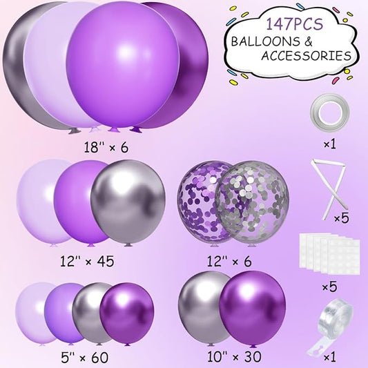 MEBAY Purple Silver Balloon Arch Kit, 147PCS Pastel Purple Matte Lavender Violet Metallic Lilac Silver Confetti Balloons Garland for Baby Girl Princess Party Birthday