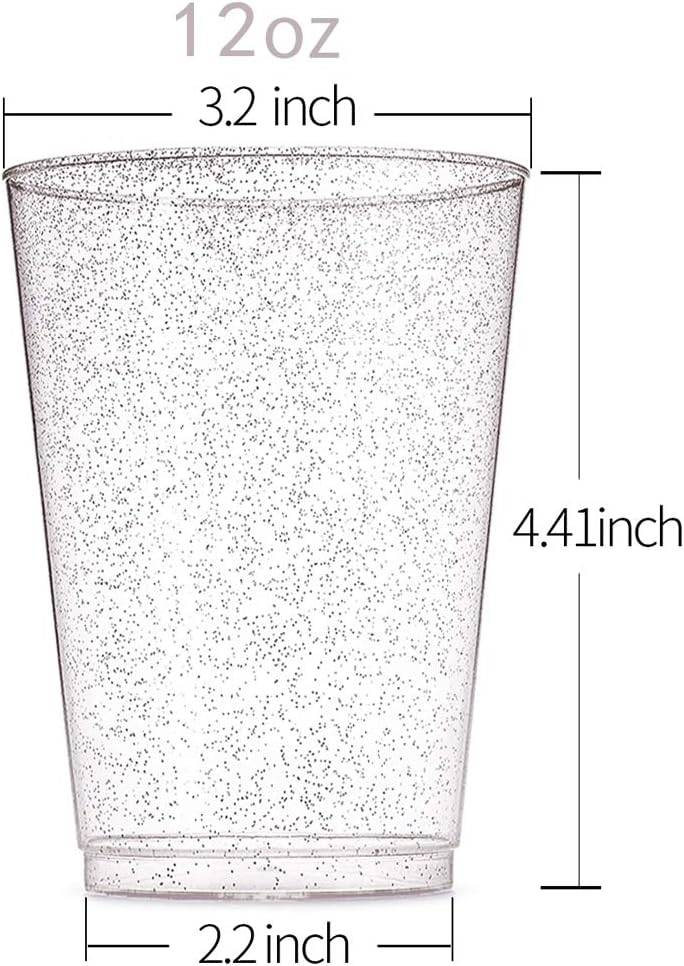 WDF 100 PACK Silver Glitter Plastic Disposable Cups - 12 Oz, BPA-Free, Heavy Duty, Ideal for Christmas Parties, Weddings, Daily Use