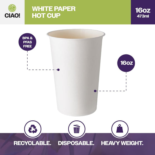 CIAO! 16oz White Paper Hot Cup, Disposable, 90mm Diameter 1,000 Count
