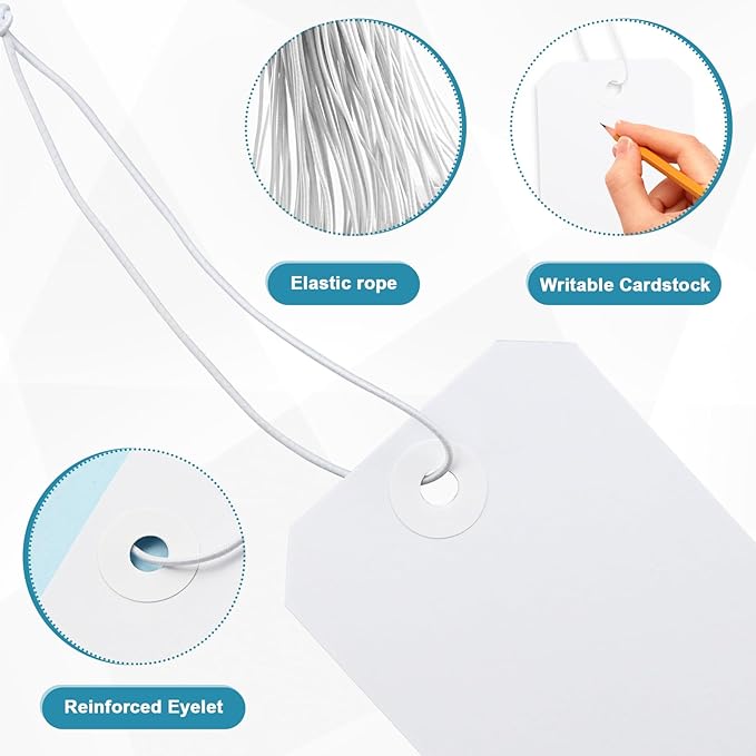 250 Pack White Shipping Tags with Elastic String Blank Labeling Tags with Strings Attached, 4 3/4" x 2 3/8"