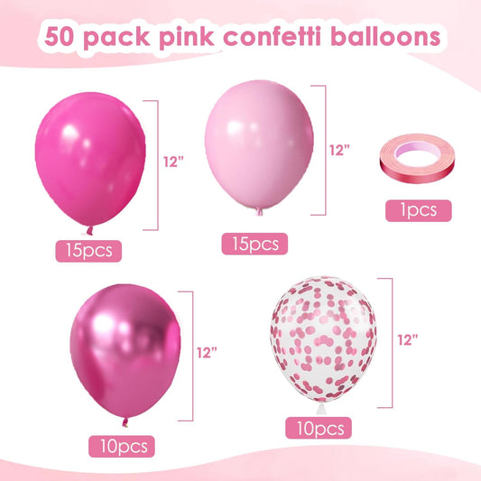 Light Pink Confetti Balloons, 50pcs 12 Inch Metallic Pink Balloons and Hot Pink Latex Balloons Pink Balloon for Birthday Party Wedding Anniversary Gender Revea Princess Party Decorations