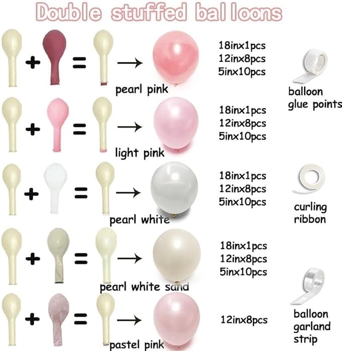 Pearl Pink White Balloon Arch, Double Stuffed Light Pastel Pink Cream White Sand Balloon Garland Kit for Valentines Birthday Baby Shower Bridal Wedding Mother's Day Party Decorations