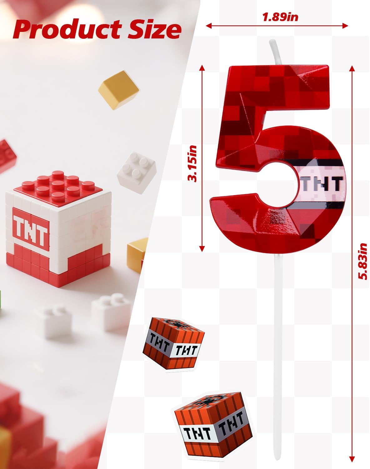 Pixel Birthday Candle, 2.68 Inch Miner Number Candles, Game Themed Candle Birthday Decoration for Pixel Theme Birthday Anniversary Dynamite Video Game Party (Red, 5)