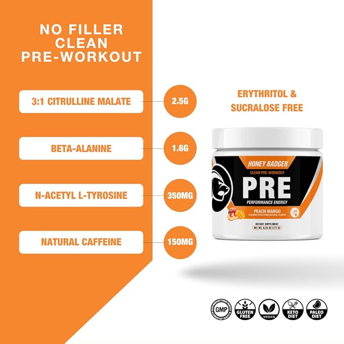 Honey Badger Pre Workout Powder, Keto Vegan Preworkout for Men & Women, Beta Alanine & Caffeine, Sugar Free Natural Energy Supplement, Peach Mango, 30 Servings