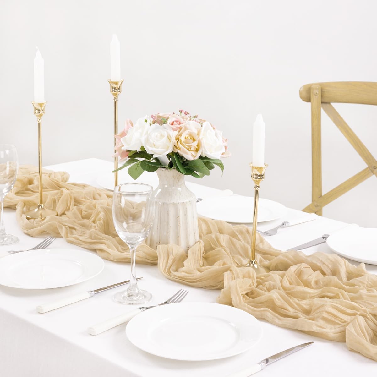 MLMC 3 Pack Champagne Cheesecloth Table Runner 10ft Sand Rustic Gauze Cheese Cloth Table Runner 35x120 Inches for Farmhouse Cozy Holiday Outdoor Events Home Decor