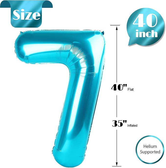 Light Blue Number 7 Balloon 40 Inch, 7th Birthday Party Decorations for Children, Giant 7 Foil Balloon for Party Supplies