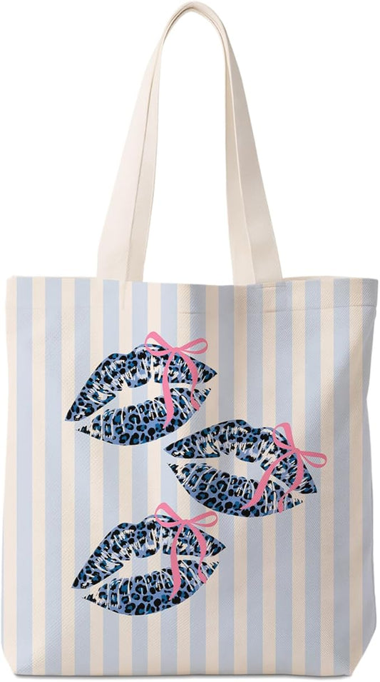 Coquette Bow Blue Leopard Lip Tote Bag for Women,Trendy Cheetah Print Canvas Tote Bag for Girls,Girly Leopard Lip Print Aesthetic Reusable Shopping Grocery Bags Party Favors