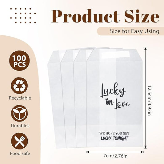 100 Pcs Wedding Confetti Bags, 2.8" x 5" Throw Flower Petal Packets Semi-transparent Glassine Waxed Paper Treat Bags for Wedding Toss, Party Decor(Lucky in Love)