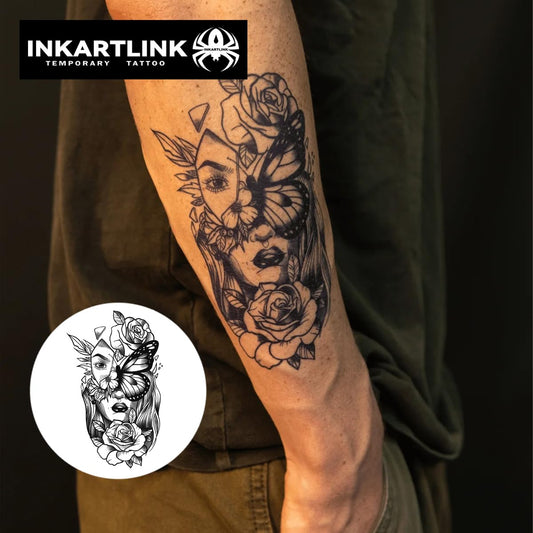 INKARTLINK 2 Sheets Extra Large Semi permanent Tattoos, Temporary Tattoos, Adult Art Designs, Waterproof, Realistic, No Adhesive, Non-Reflective, Lasts 1-2 Weeks,(Floral Metamorphosis)