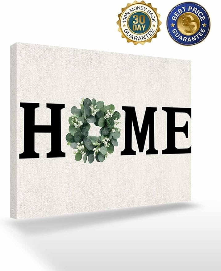 Home Green Eucalyptus Leaves Garland Canvas Wall Art Retro Linen Wall Painting Canvas Picture Prints Framed Artwork for Office Bedroom Bathroom Kitchen Home Decorations,32x24In
