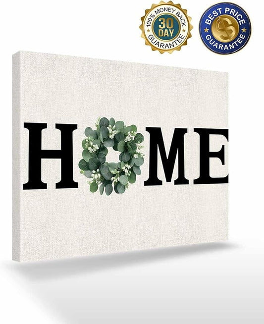 Home Green Eucalyptus Leaves Garland Canvas Wall Art Retro Linen Wall Painting Canvas Picture Prints Framed Artwork for Office Bedroom Bathroom Kitchen Home Decorations,16x12In