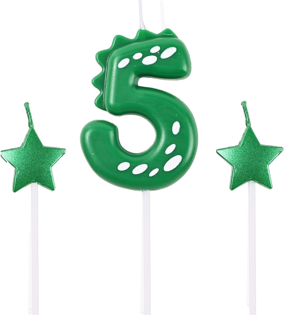 2.75 Inch Green Dinosaur Shaped 5 Number Birthday Candles and Star Birthday Candles,Suitable for Dinosaur Birthday Decorations & Themed Parties Celebration