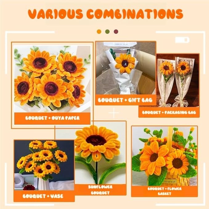 620 Pieces Golden Pipe Cleaners Craft Set, 600 Pcs Chenille Stems with 20 Pcs Flower Stems, for DIY Art and Craft Projects Creative Gift Wrapping Party Decorations(Sunflower Series)