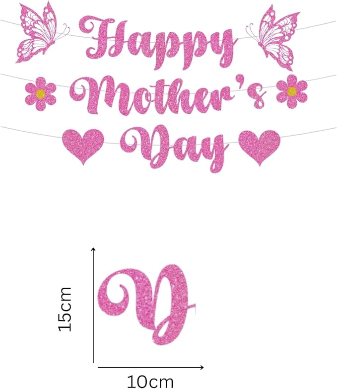 Happy Mother's Day Banner Set Decoration for Mother's Day Party Decorations Backdrop Garland for Mom Mother's Day Glitter Garland Photo Props (Pink Butterfly)
