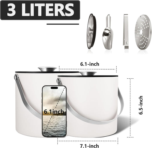 Insulated Ice Bucket with Silicone Lid, Scoop, Tongs & Strainer, 3L Stainless Steel Double Wall Ice Buckets for Parties & Cocktail Bar, Champagne Ice Bucket with Lid for Freezer, Ivory