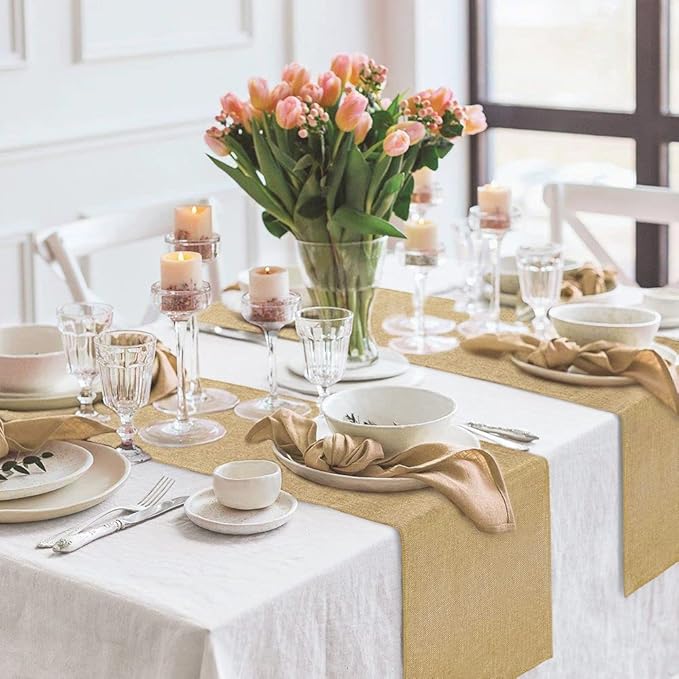 B-COOL Burlap Table Runner Pack of 2 Wedding Thanksgiving Burlap Table Runners Neutral Jute Vintage Rolls 12x84inch for Holiday Fall Table Cover Decoration Khaki