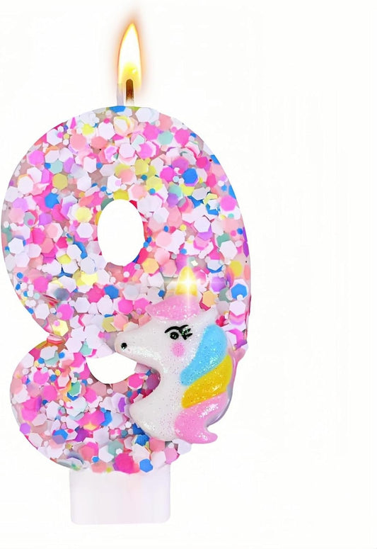Unicorn Number Birthday Candles Decoration, Unicorn Themed Birthday Party Supplies, Glitter Sequin Birthday Cake Topper for Boy Girl Kids (Number 9)