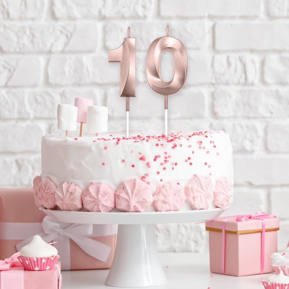 10th Birthday Candles Number 10 Candle Numeral Candles Happy Birthday Cake Candles Topper Decoration 3D Number Candles Cupcake Topper for Birthday Wedding Anniversary Celebration Supplies Rose Gold