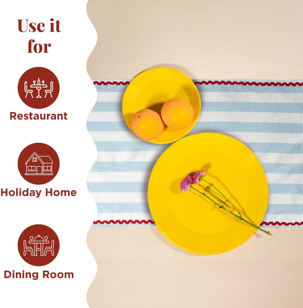 Folkulture Table Runner|Rick Rack Embroidered Party Table Runner for Home Decor-108 Inches Long|100% Cotton Thanksgiving Decor|Christmas Decor for Table|Sky Blue & Red|Wash Friendly