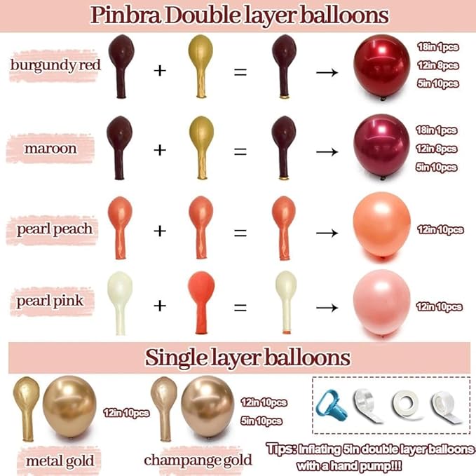 Burgundy Birthday Decorations, Double Stuffed Maroon Red Pink Gold Pearl Balloons Happy Birthday Banner Fringe Curtain Foil Balloons for Women Girls Birthday Mother's Day Bridal Shower Party Supplies