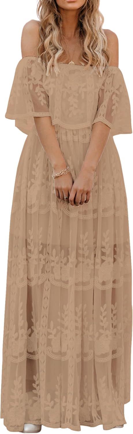 HOYISHION Women's Off The Shoulder Floral Lace Maxi Dress White Bridesmaid Wedding Party Maternity Photoshoot Long Dresses