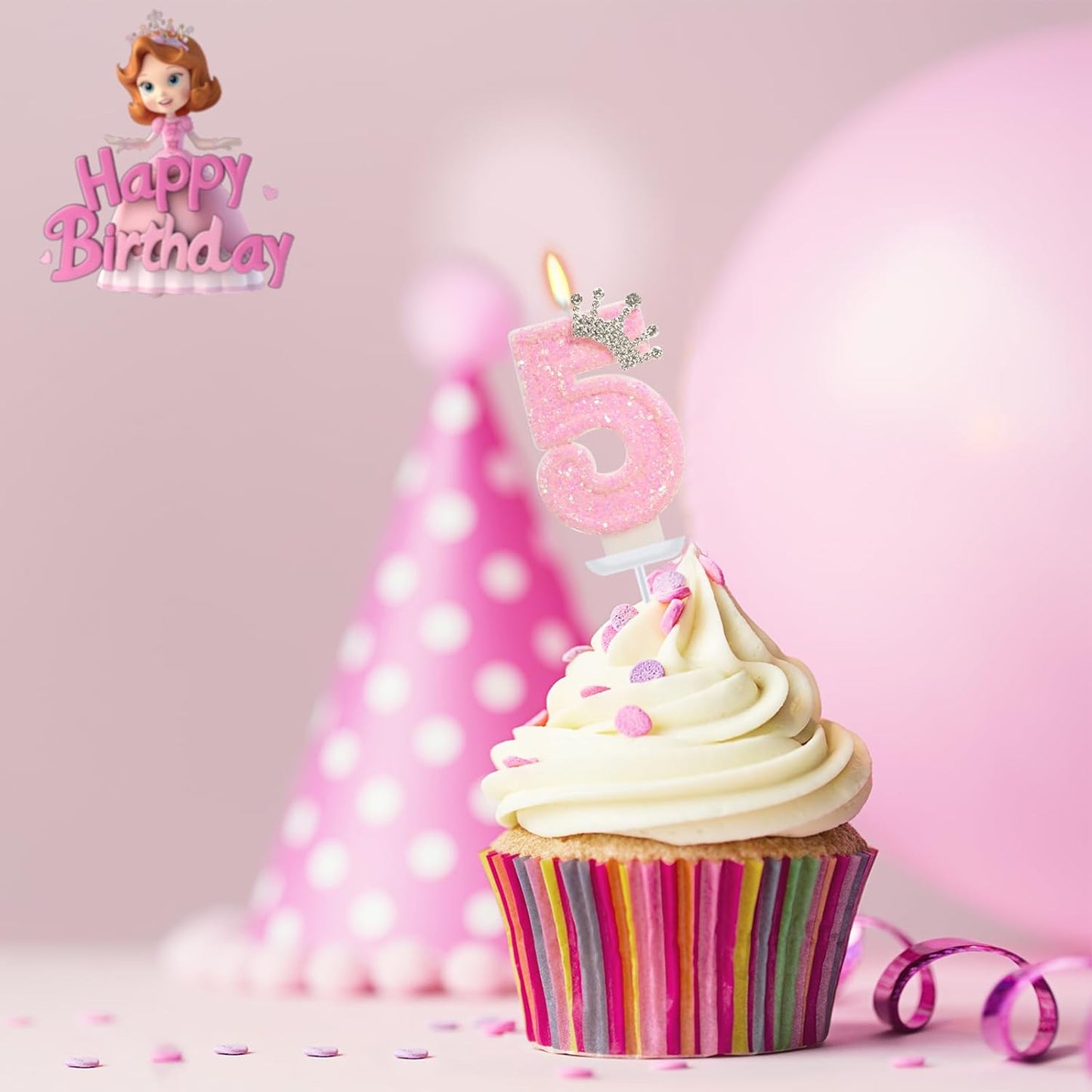 Pink Crown Birthday Candle for Cake, Pincess Birthday Party Decorations, 2.76 Inch Cake Topper for Girls Party Supplies (Number 5)