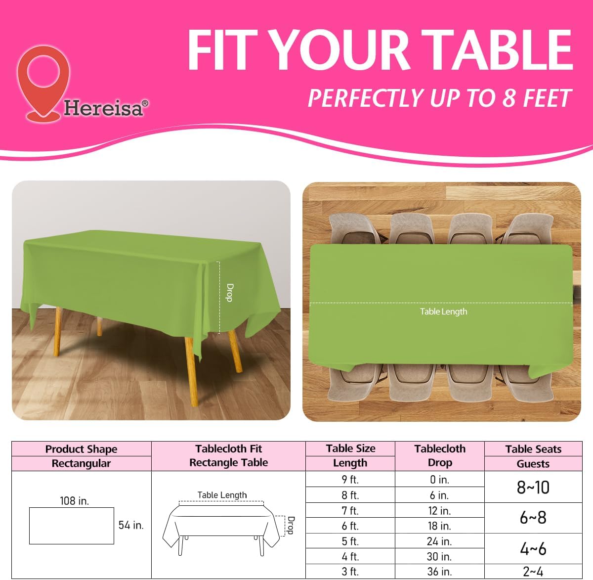 Disposable Plastic Tablecloth Lime Green 54x108 Inch, 5-Pack Waterproof Rectangular Table Cover for Parties, Picnics, Dining Protection