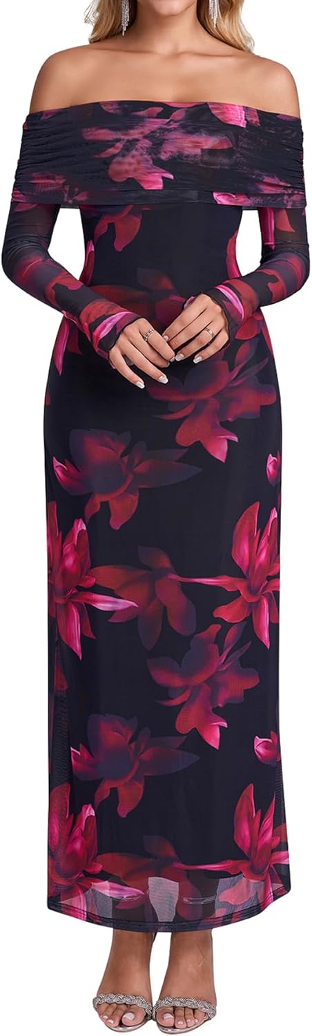 KUTUMAI Women Off Shoulder Bodycon Maxi Dress Long Sleeve Mesh Ruched Party Formal Wedding Guest Dresses