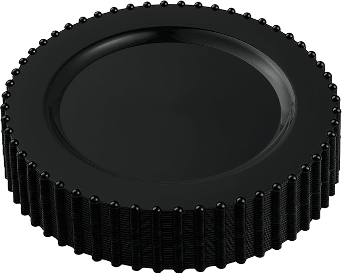 PLASTICPRO 64 Piece Combo Plastic Dinner Plates Disposable Plastic Fancy Heavy Duty Party Dishes 7 inch and 10 inch, Black Beaded