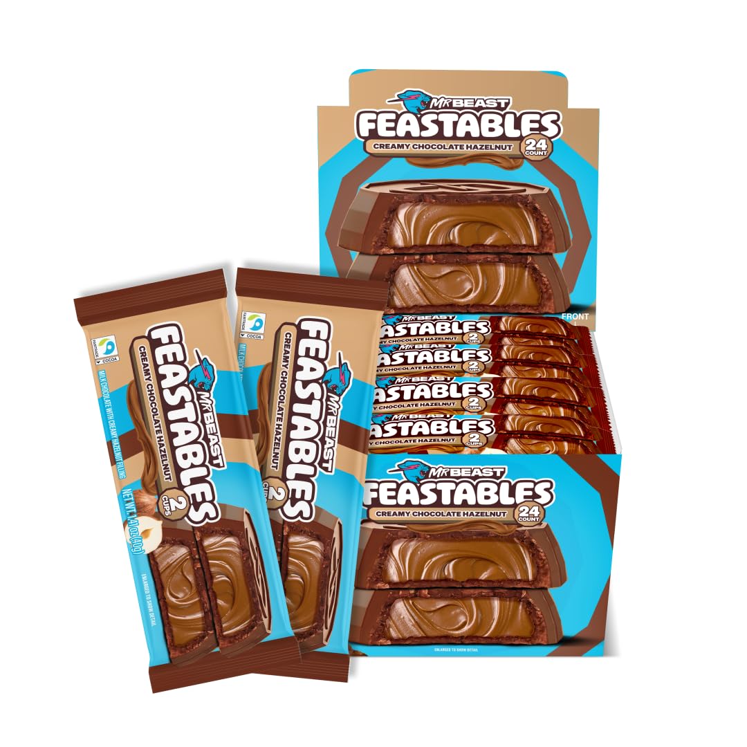 Feastables MrBeast Hazelnut Cups, Milk Chocolate & Creamy Hazelnut Filling, Cups for Adults & Kids, Chocolate Candy for Snacks, Gifts, or Dessert, Made With Fairtrade Cocoa, 2 Pack, 24 Count