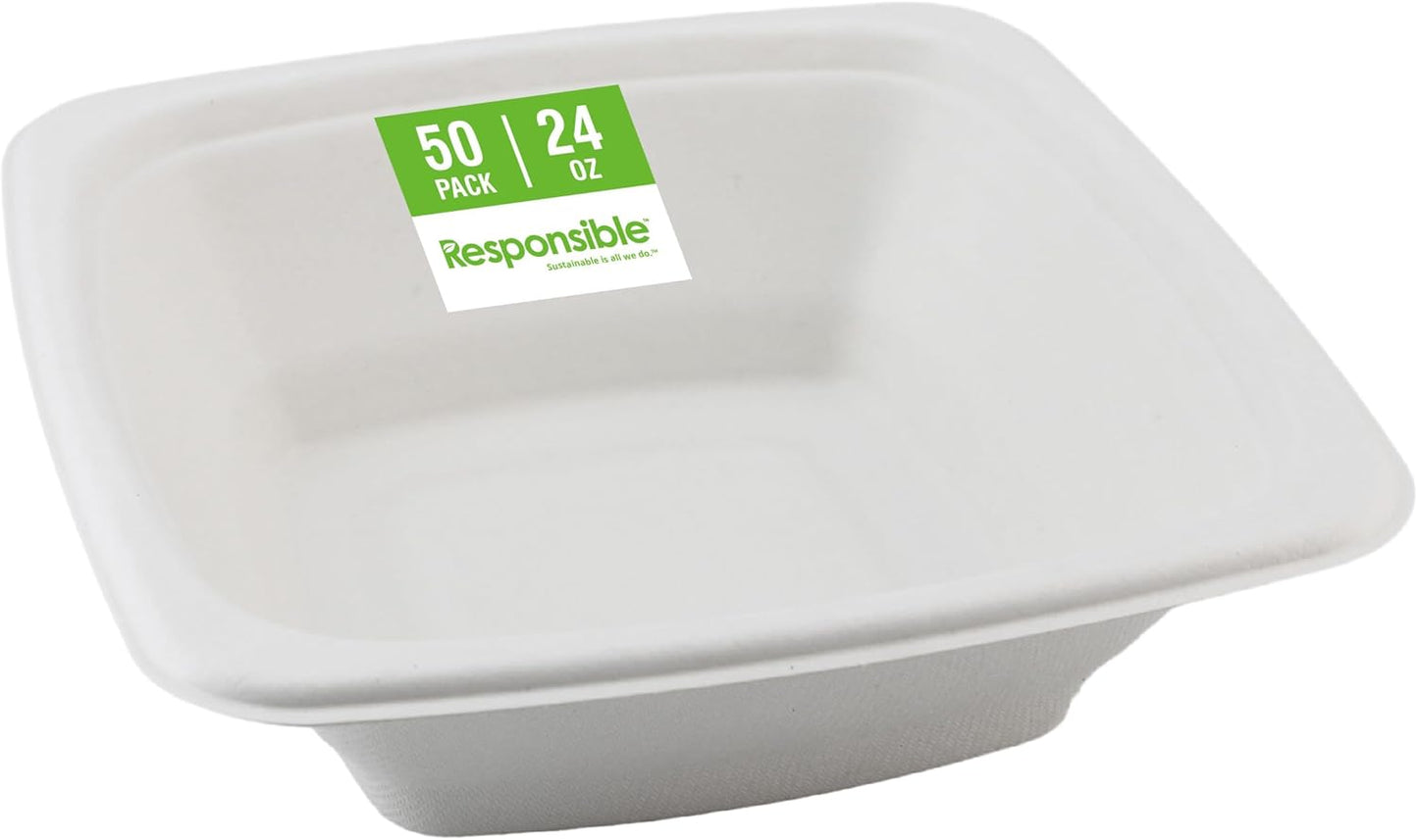 100% Compostable Square Serving Bowls, 24 oz Disposable Paper Bowls, Microwave Safe, Freezer Safe, Soup Safe, No Plastic, Eco-Friendly, Tree-Free, No PFAS. White (50 Count)