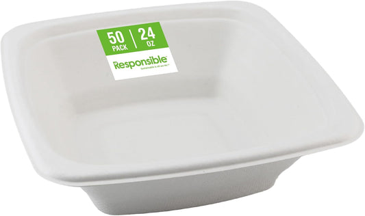 100% Compostable Square Serving Bowls, 24 oz Disposable Paper Bowls, Microwave Safe, Freezer Safe, Soup Safe, No Plastic, Eco-Friendly, Tree-Free, No PFAS. White (50 Count)