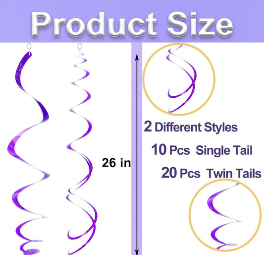 30 pcs Purple Hanging Swirl Decorations Swirls Party Decorations Plastic Party Streamer for Ceiling, 26"