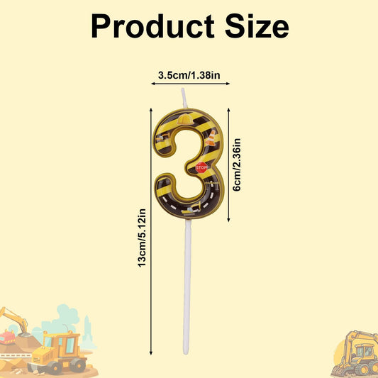 Construction Birthday Number Candles, Yellow & Black Striped Cake Topper Building Theme Party Decorations for Graduation Anniversary Celebration (Number 3)