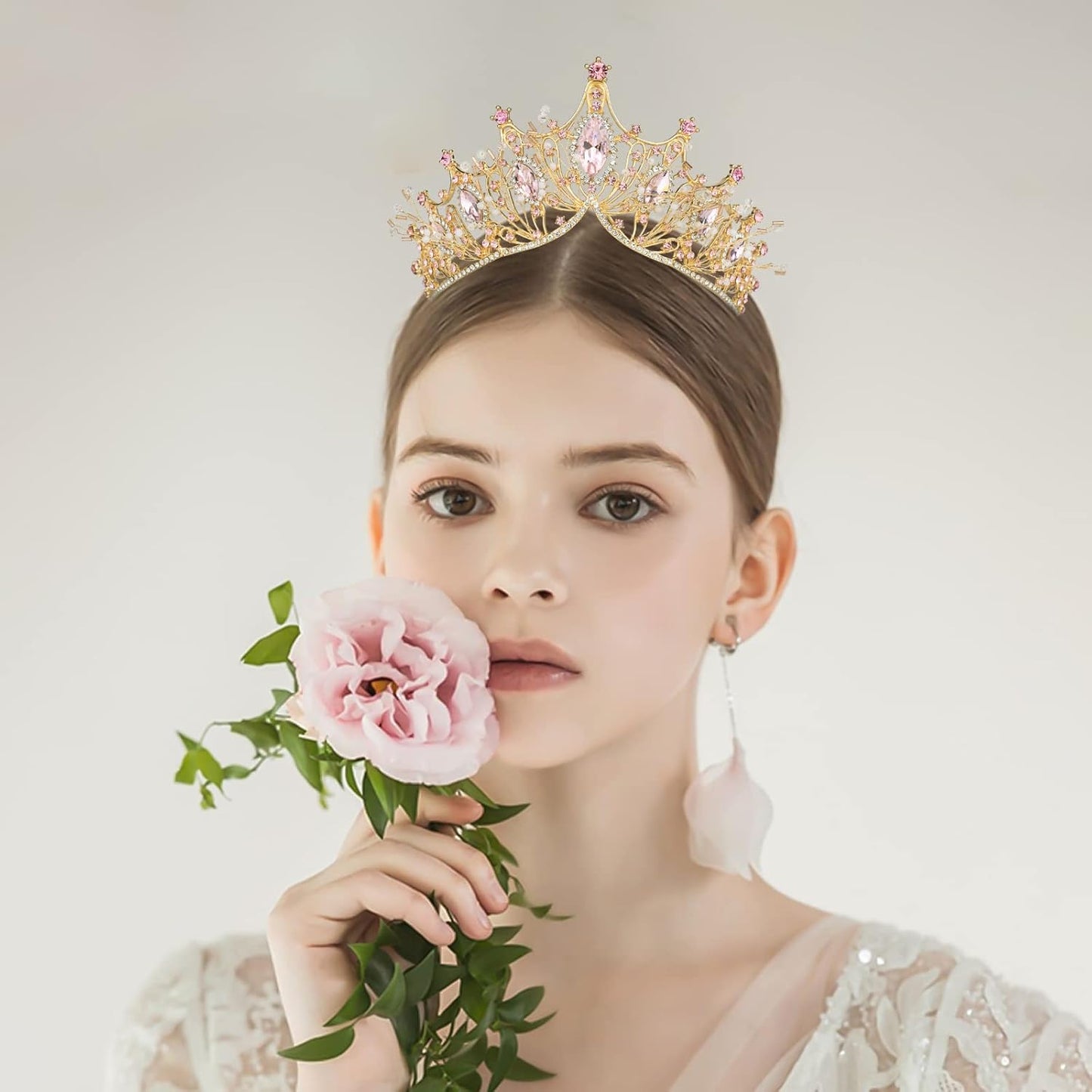 Yolmina Pink Baroque Vintage Crown, Crystal & Pearl Tiara for Women & Girls, Wedding & Party Accessory