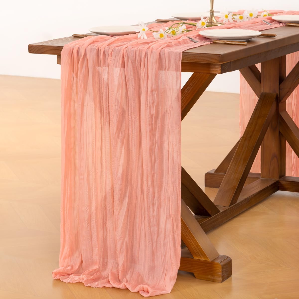 Socomi 3pcs Coral Peach Fall Thanksgiving Cheesecloth Table Runner Boho Rustic Gauze 120 inch 10FT Cheese Cloth Runner for Wedding Party Baby Shower Birthday Home Decor Holiday Decorations