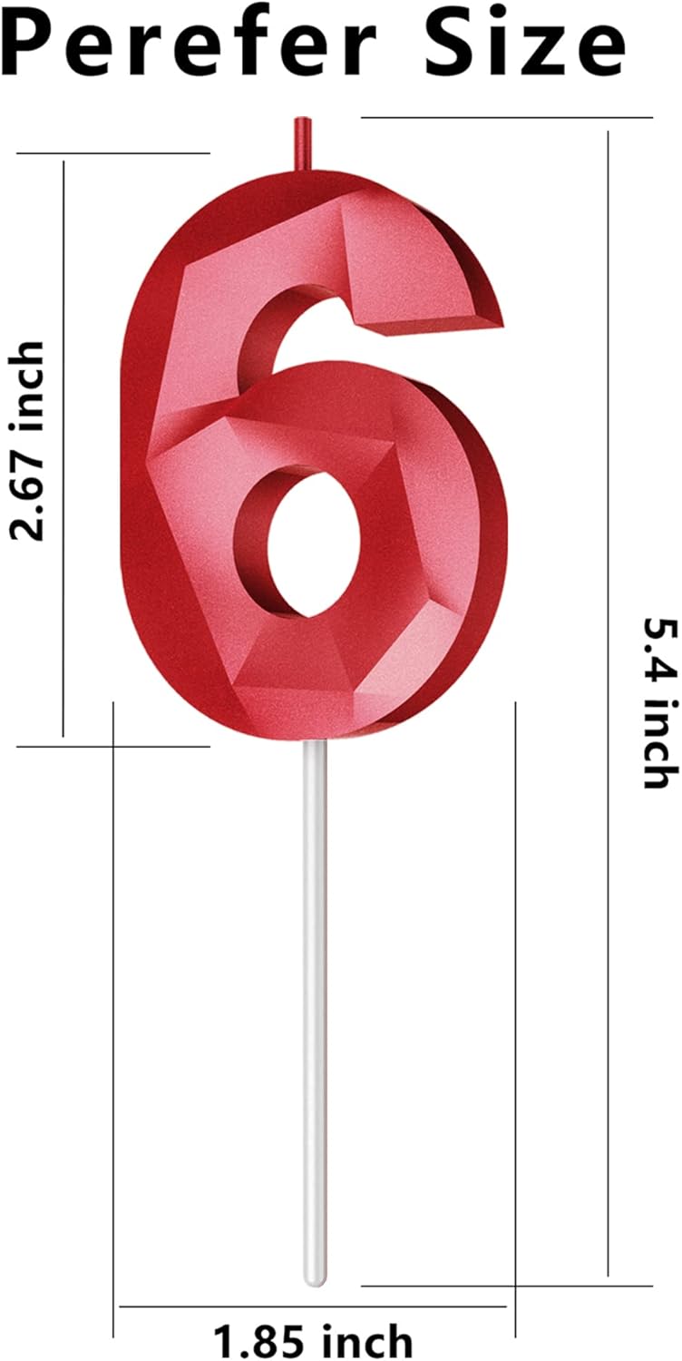 Number Birthday Candles(6 Candle Red) 3D Diamond Shape Number Happy Birthday Cake Candles for Birthday Party Wedding Decoration Reunions Theme Party