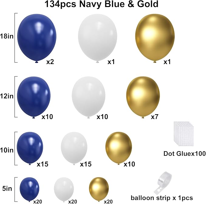 Blue and Gold Balloons Arch Garland Kit, 134pcs Navy Blue Gold White Balloons with Different Size for Graduation, Birthday, Anniversary Party Decorations