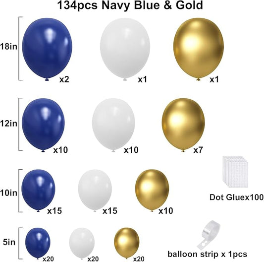 Blue and Gold Balloons Arch Garland Kit, 134pcs Navy Blue Gold White Balloons with Different Size for Graduation, Birthday, Anniversary Party Decorations