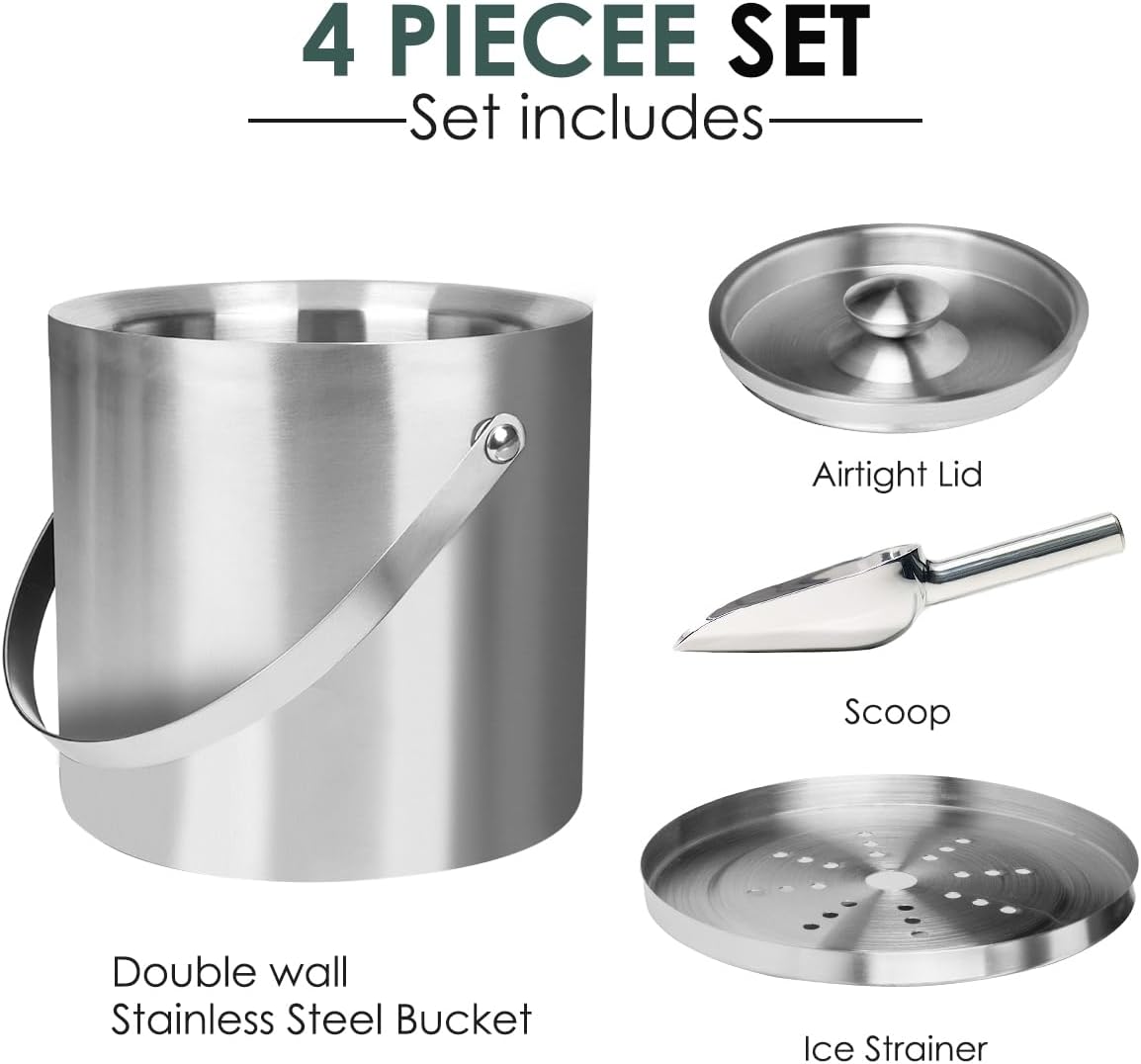 3L Double-Wall Insulated Stainless Steel Ice Bucket with scoop for Cocktail Bar - Metal Ice Bucket for freezer with Lid for parties, Camping,and More!champagne bucket,bar cart accessories (silver)