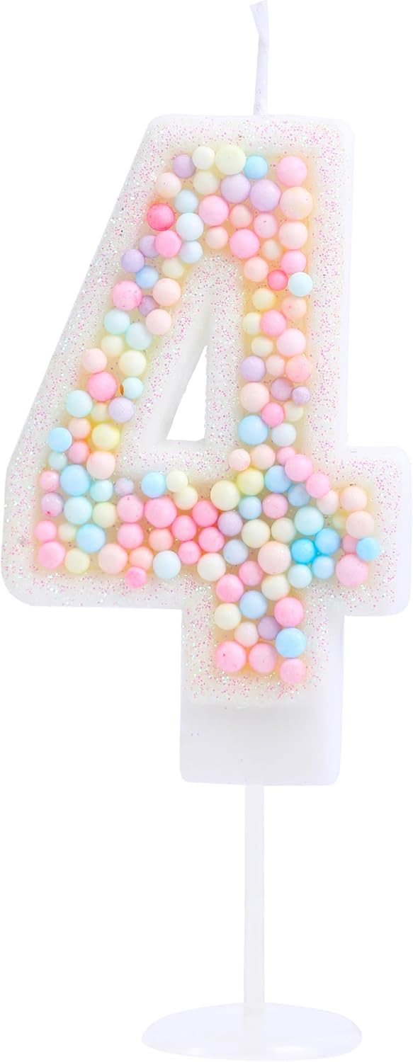 4 Birthday Candle Macaron Glitter Pastel 4 Candle Birthday Girl Women Sweet Theme Four Years Old Birthday Wedding Anniversary Party Cake Decor
