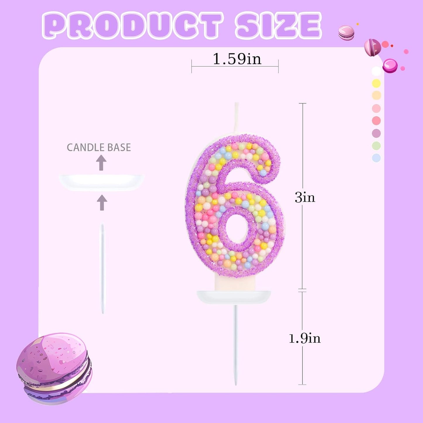 Birthday Candles - Number 6 Candle, Colorful Macaron Candles for Boys/Girls, Purple Party Decorations, Purple Cake Decorations