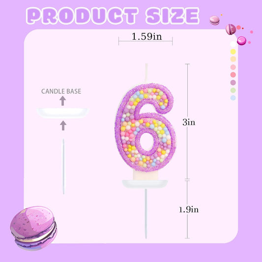 Birthday Candles - Number 6 Candle, Colorful Macaron Candles for Boys/Girls, Purple Party Decorations, Purple Cake Decorations