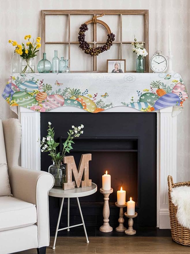 Easter Colorful Eggs Fireplace Mantel Scarf Table Runner, Spring Eucalyptus Leaves Floral Plant Winter Garland Mantel Top Tablerunners Dresser Scarves Cover for Windows Party Living Room 70''x17''